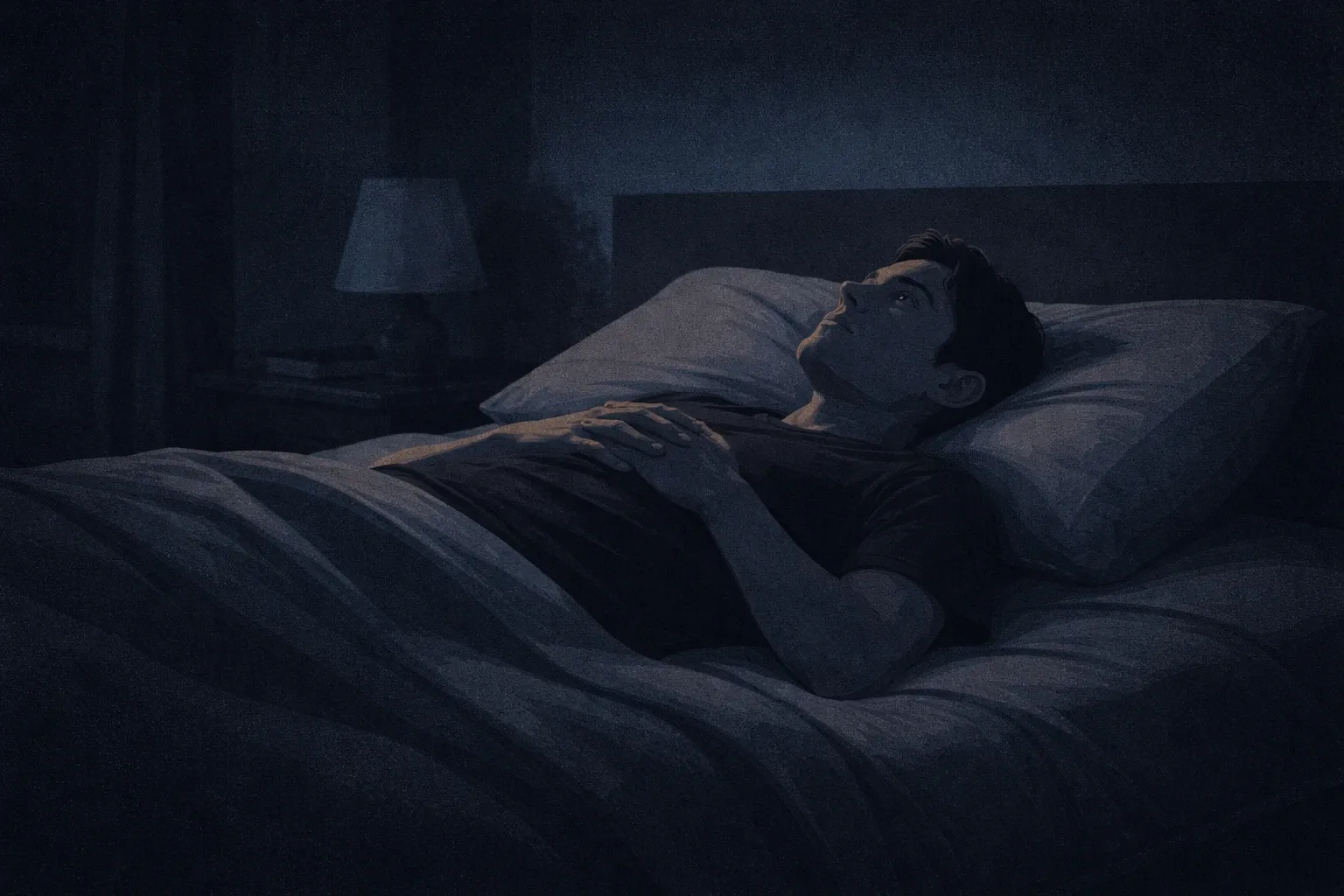 A young man sitting at a desk at night, phone face-down, journaling — warm lamplight, dark room, focused expression