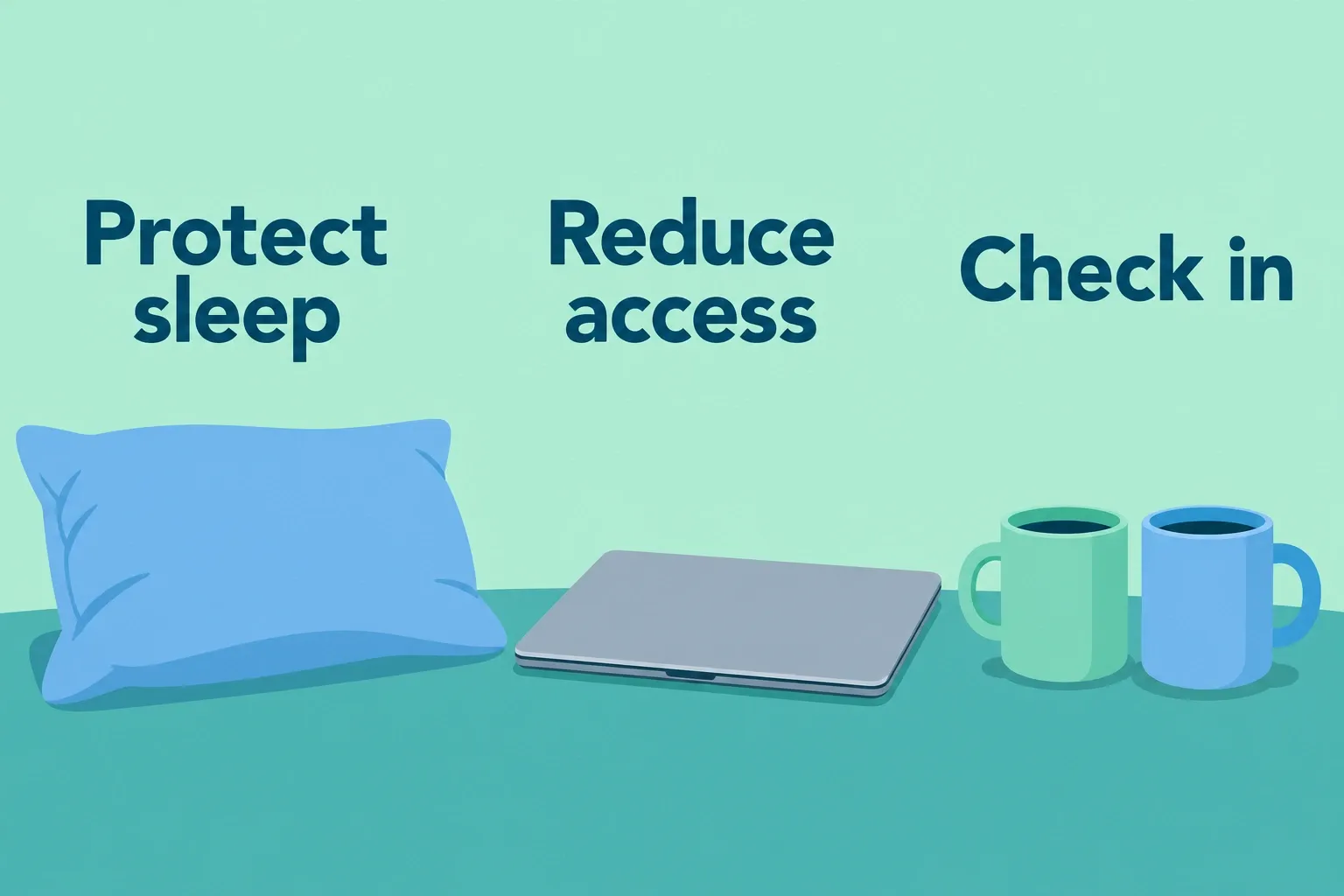 A pillow, closed laptop, and paired mugs represent protecting sleep, reducing access, and checking in.