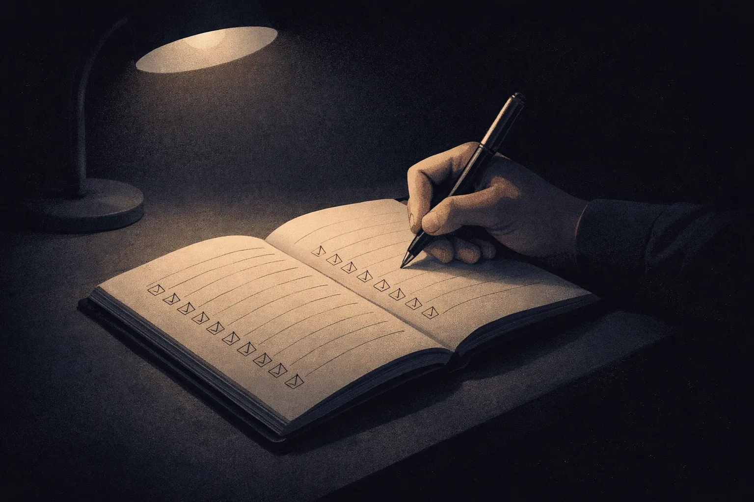 A calm, focused man at a desk, early morning light, writing in a journal — representing the intentional rebuilding that happens during a reboot