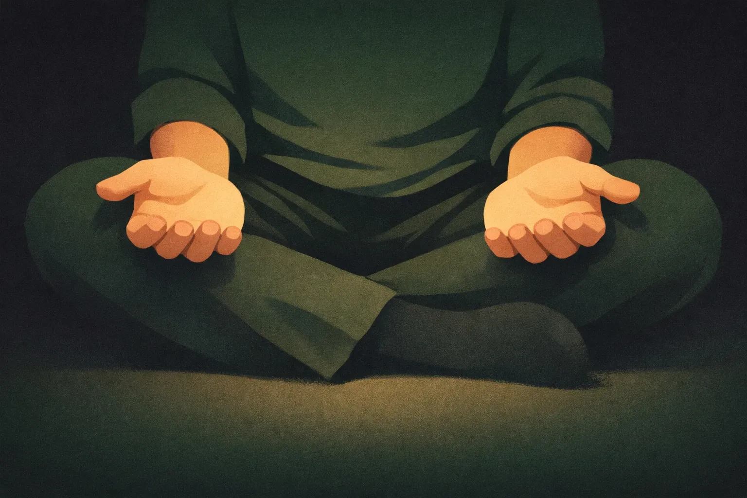 A man sitting alone at a desk late at night, staring at his hands, lamp light, reflective mood — dark room, warm amber glow, questioning expression