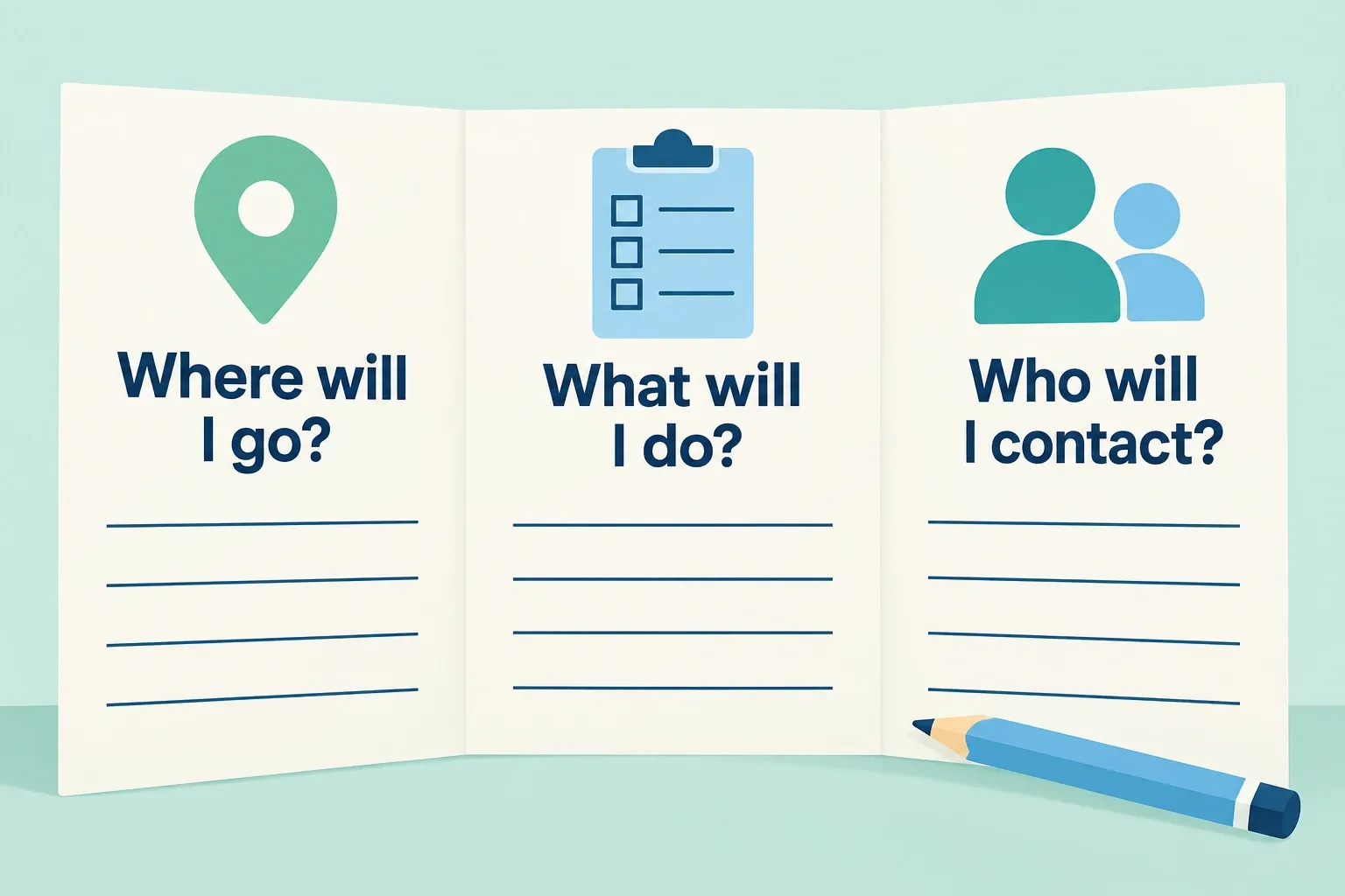 A pocket plan records where to go, what to do, and who to contact in a hard moment.