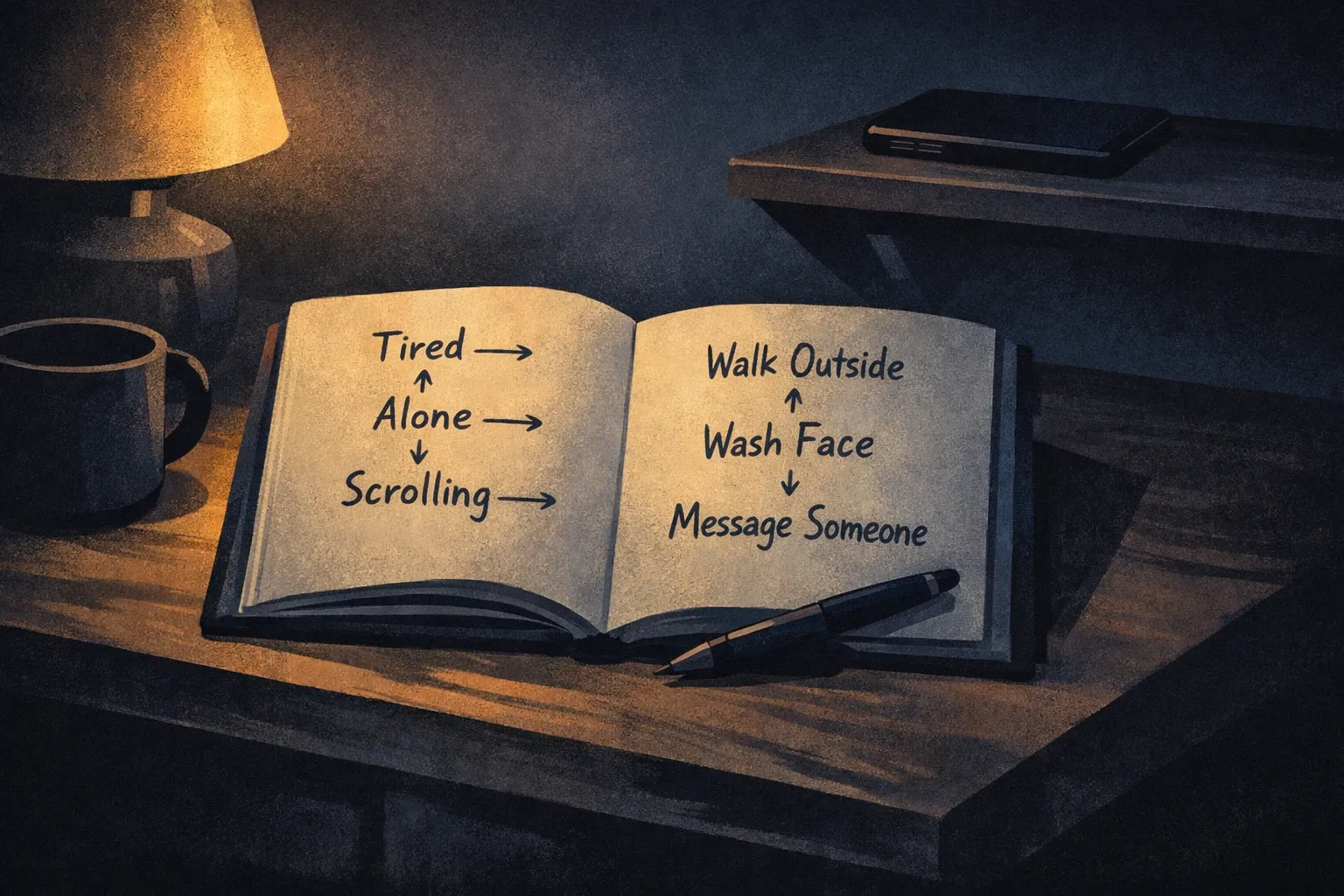 A notebook open to a page showing a simple trigger-response plan, representing the practical habit mapping that breaks the relapse loop