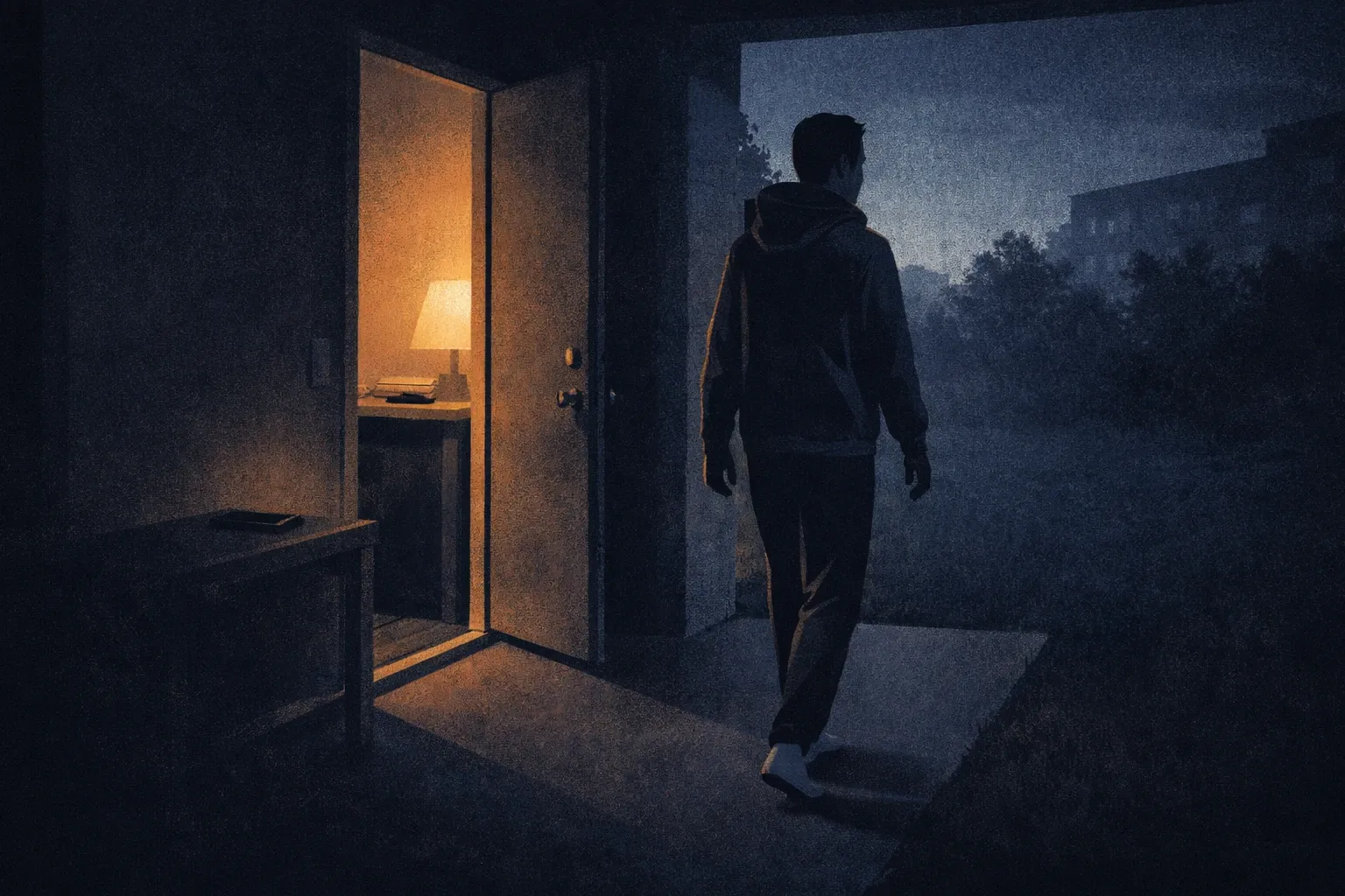 A person walking outside at dusk, phone left behind on a table — representing the decision to physically step away from a trigger environment