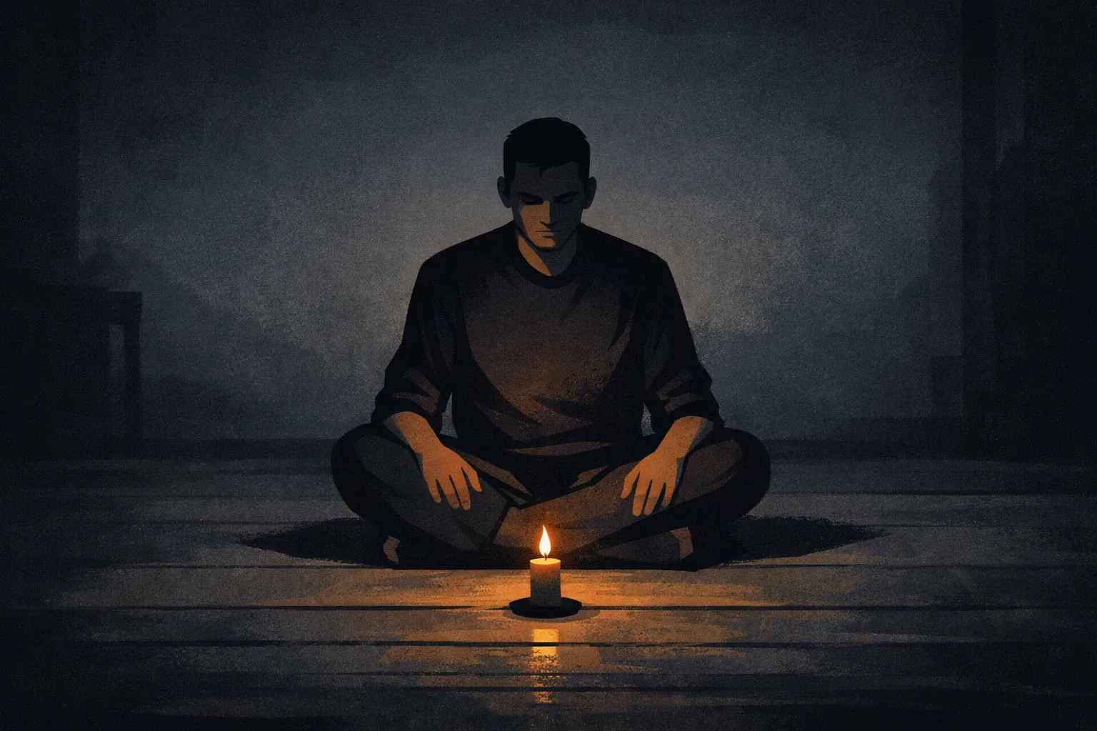 A person sitting quietly in reflection during a difficult period, representing the flatline phase of semen retention
