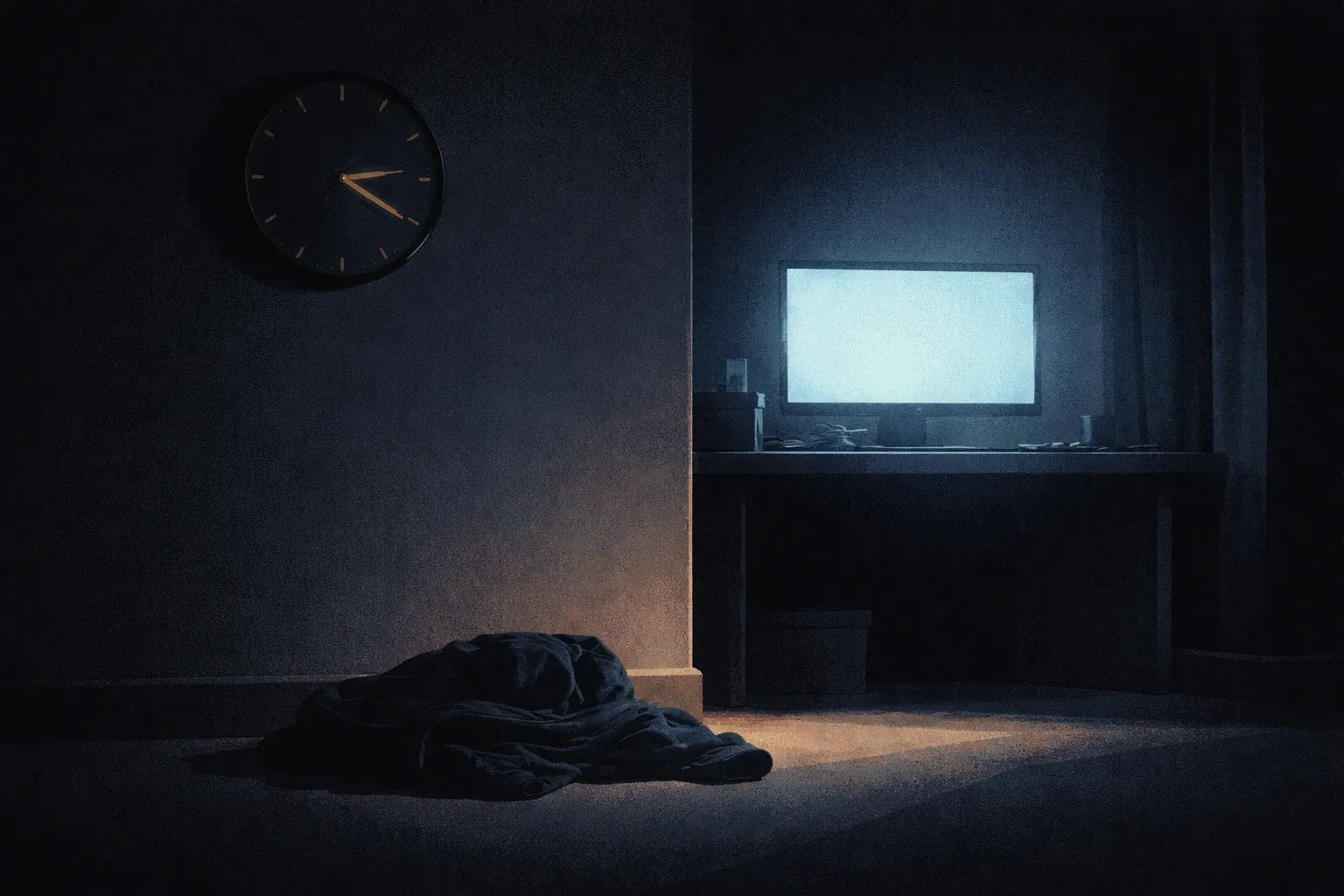 A dark room lit only by a screen, representing the dissociative trance state that characterizes gooning