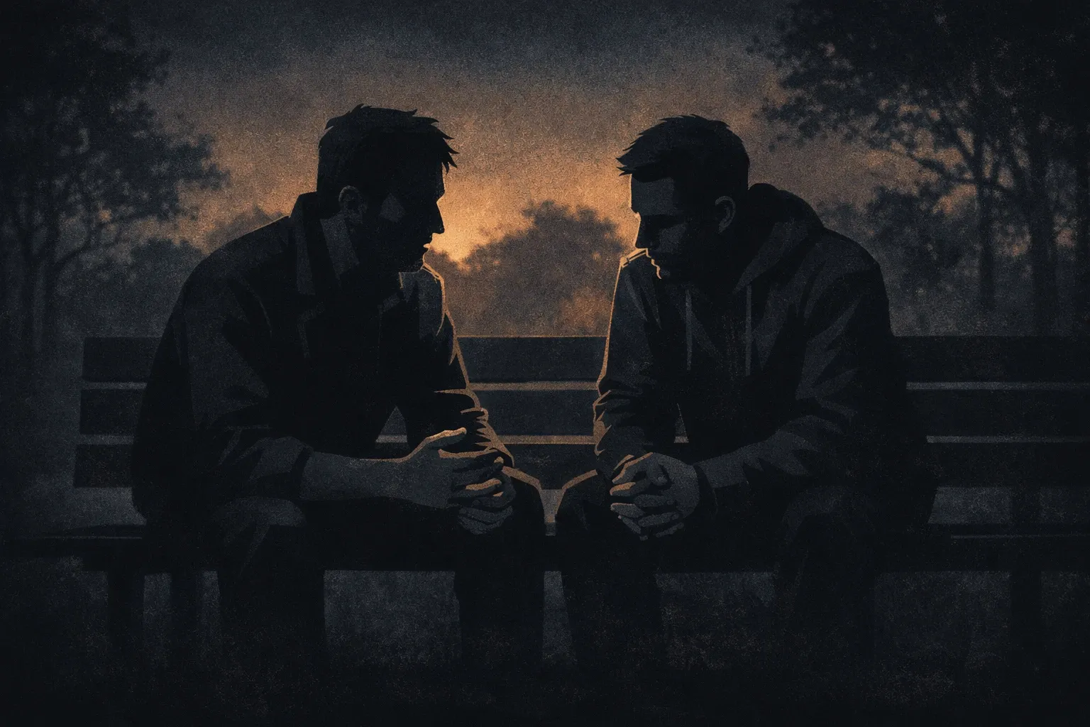 A man sitting with a friend on a bench outdoors, having a real conversation — representing the kind of open, consistent relationship that makes accountability work