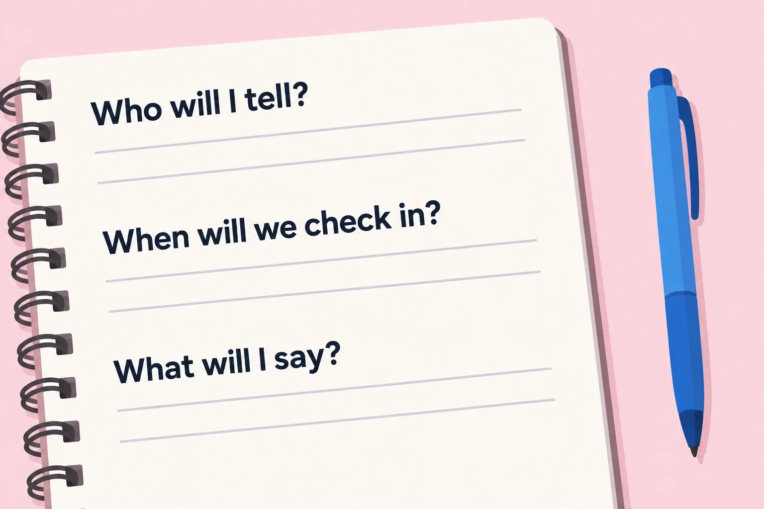 A notebook asks who to tell, when to check in, and what to say.