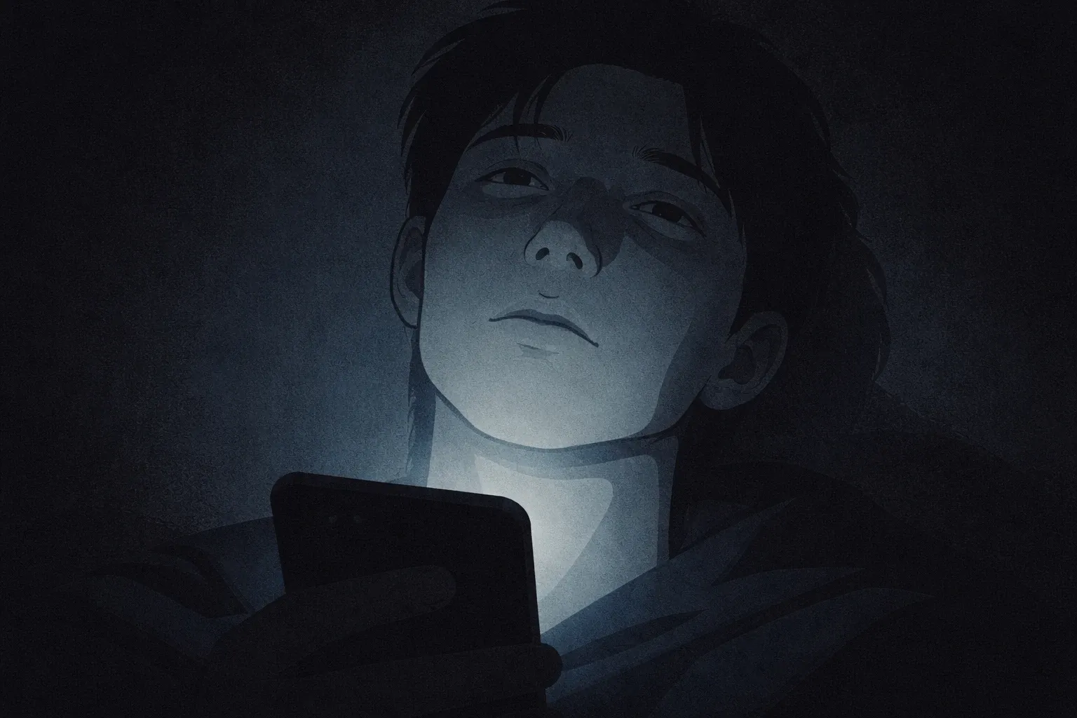 A person sitting on the edge of their bed after dark, elbows on knees, head slightly down — representing the post-act stillness and introspection